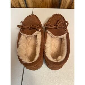 LAMO size 11 faux fur fuzzy slippers suede‎ tan chestnut tie KIDS